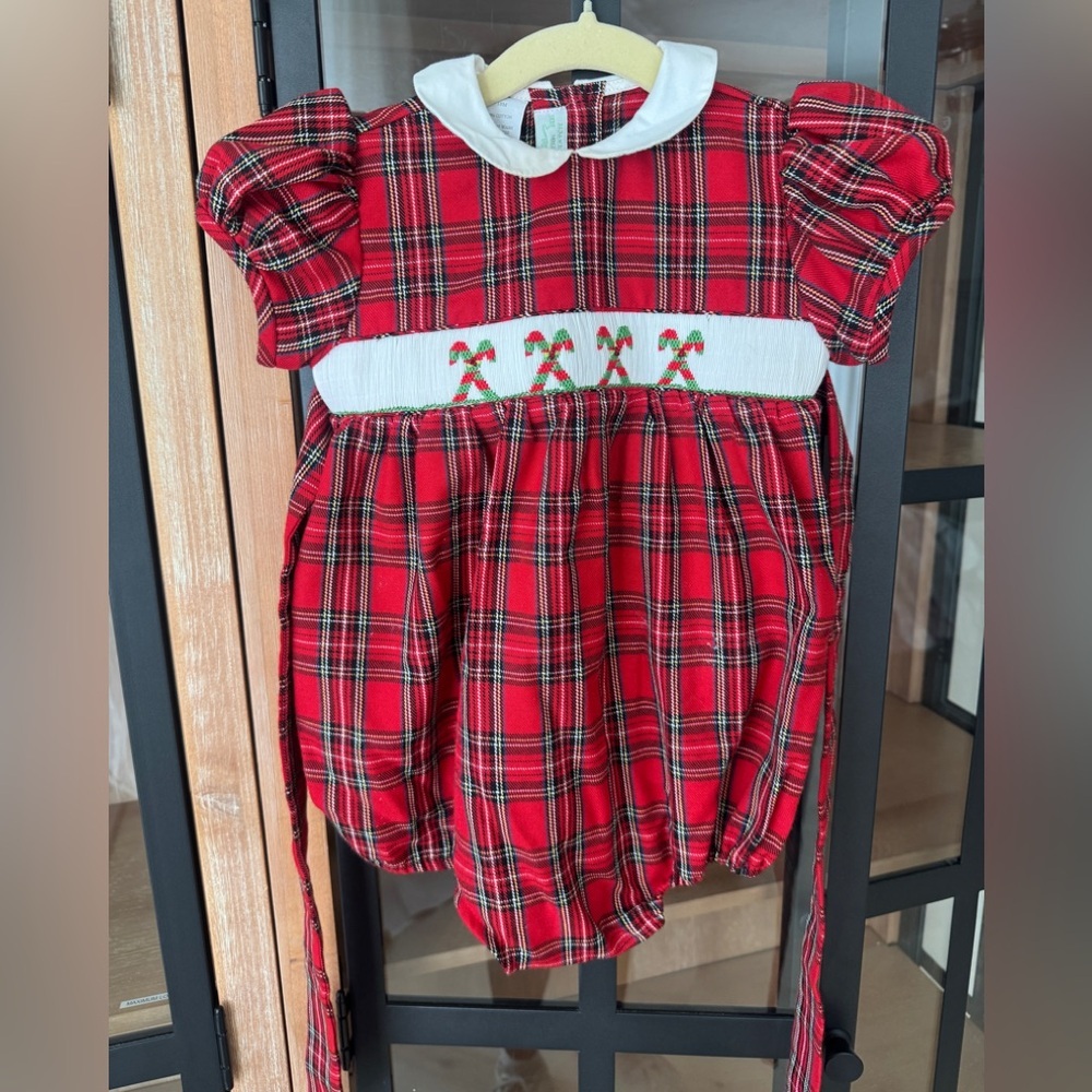 Vive La Fete smocked romper Christmas candycane tartan plaid bubble toddler girl